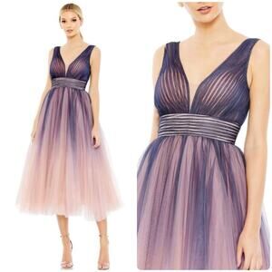 Mac Duggal 20403 Purple Pink Ombre Pleated Tulle Midi Dress Size 6